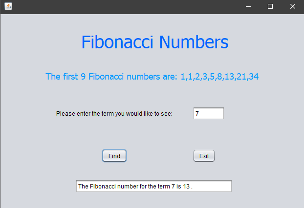 Picture of the GUI of the fibonacci term algorithm.